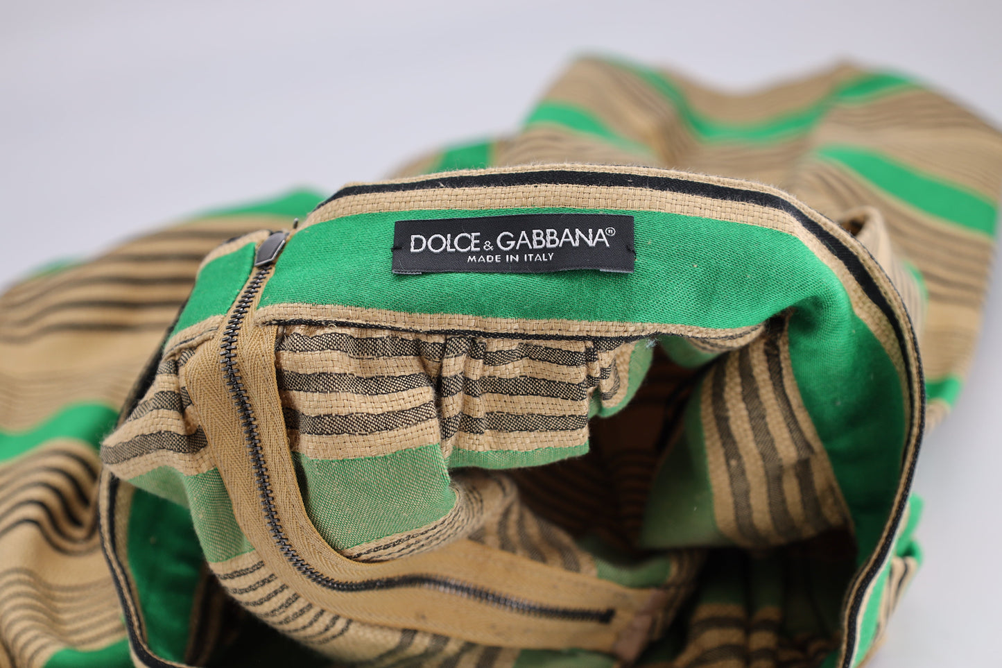 Women's Dolce & Gabbana Striped Mini Skirt in Green and Tan Cotton