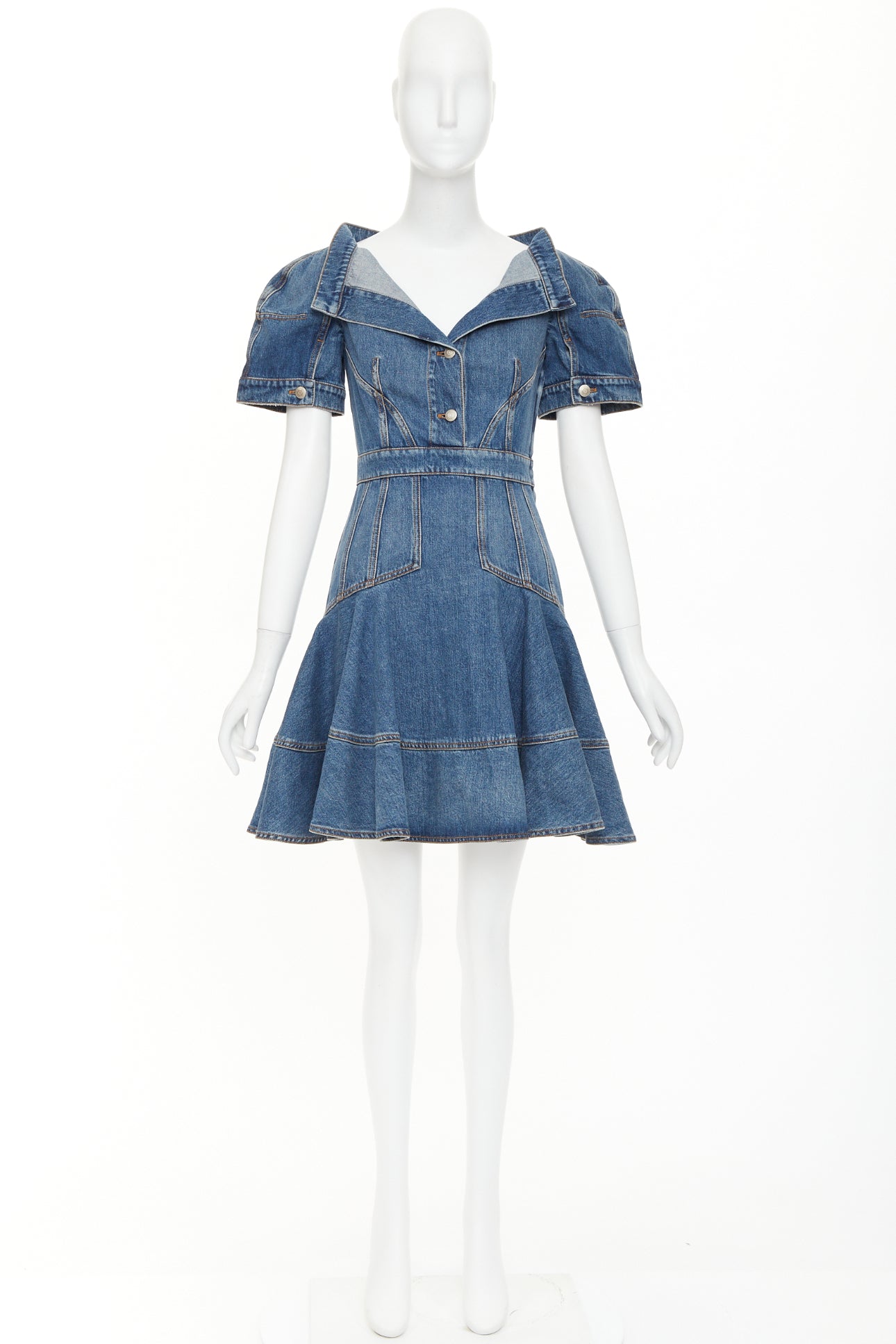 Women's Alexander McQueen denim open boat neck sleeve dress