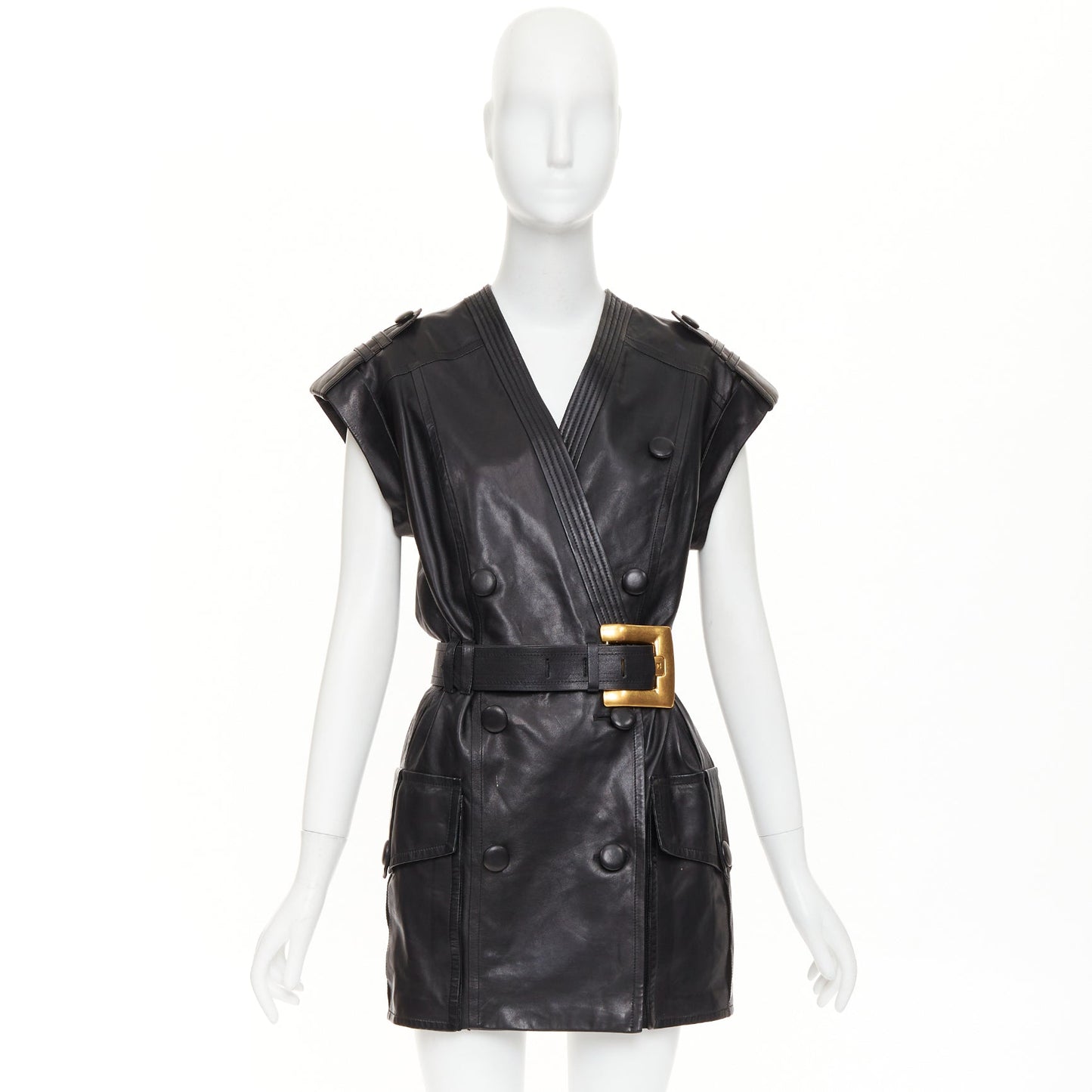 Women's Balmain leather gold buckle belted dress