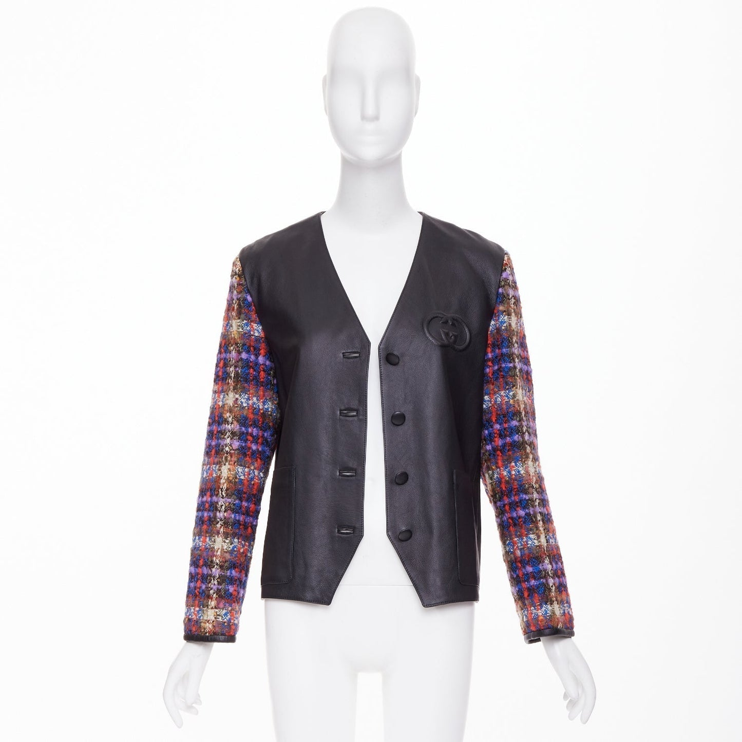 Women's Gucci Interlocking G Patch leather plaid sleeve jacket