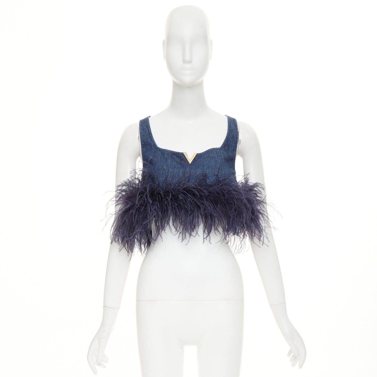 Women's Valentino denim turkey feather trimmed crop top