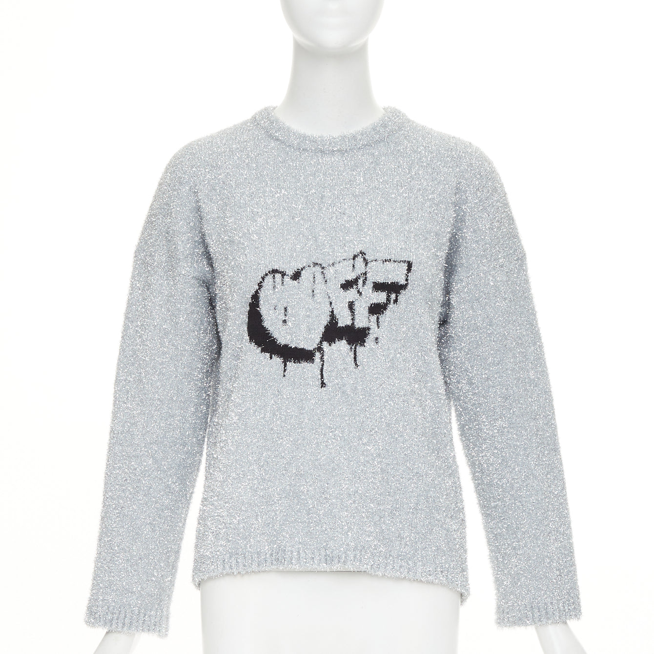 Women's Off White Virgil Abloh silver lurex graffiti wide sweater