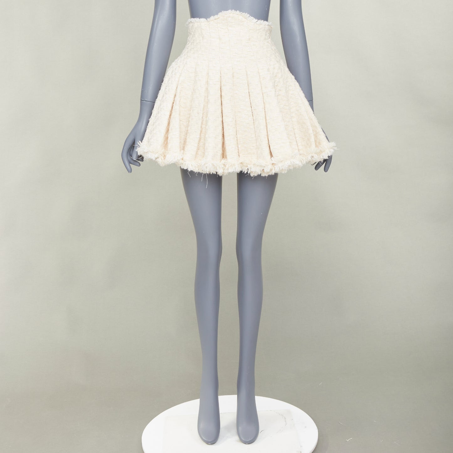 Women's Balmain frayed pleated cotton tweed curved skater mini skirt