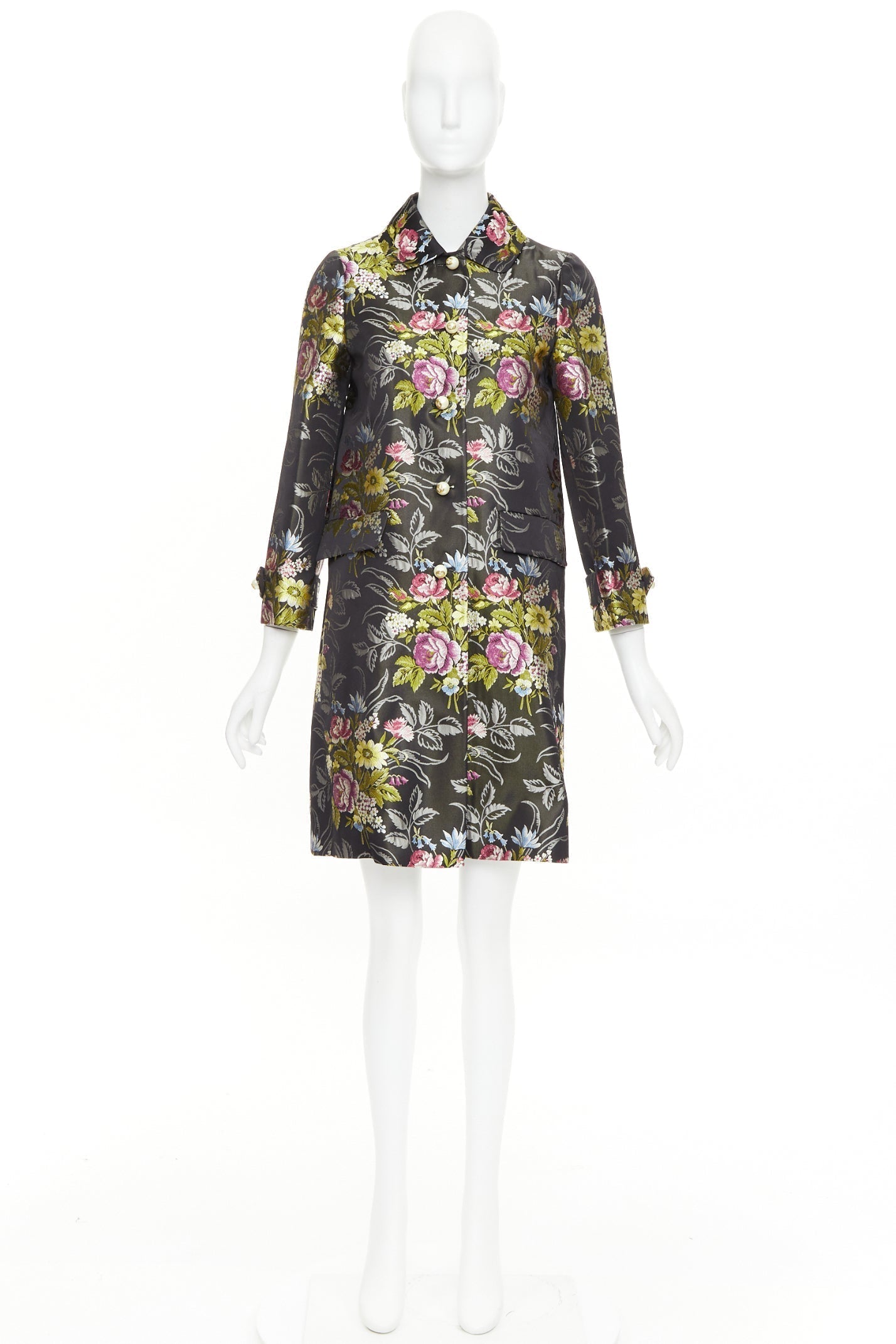 Women's Gucci silk floral jacquard GG pearl A-line evening coat