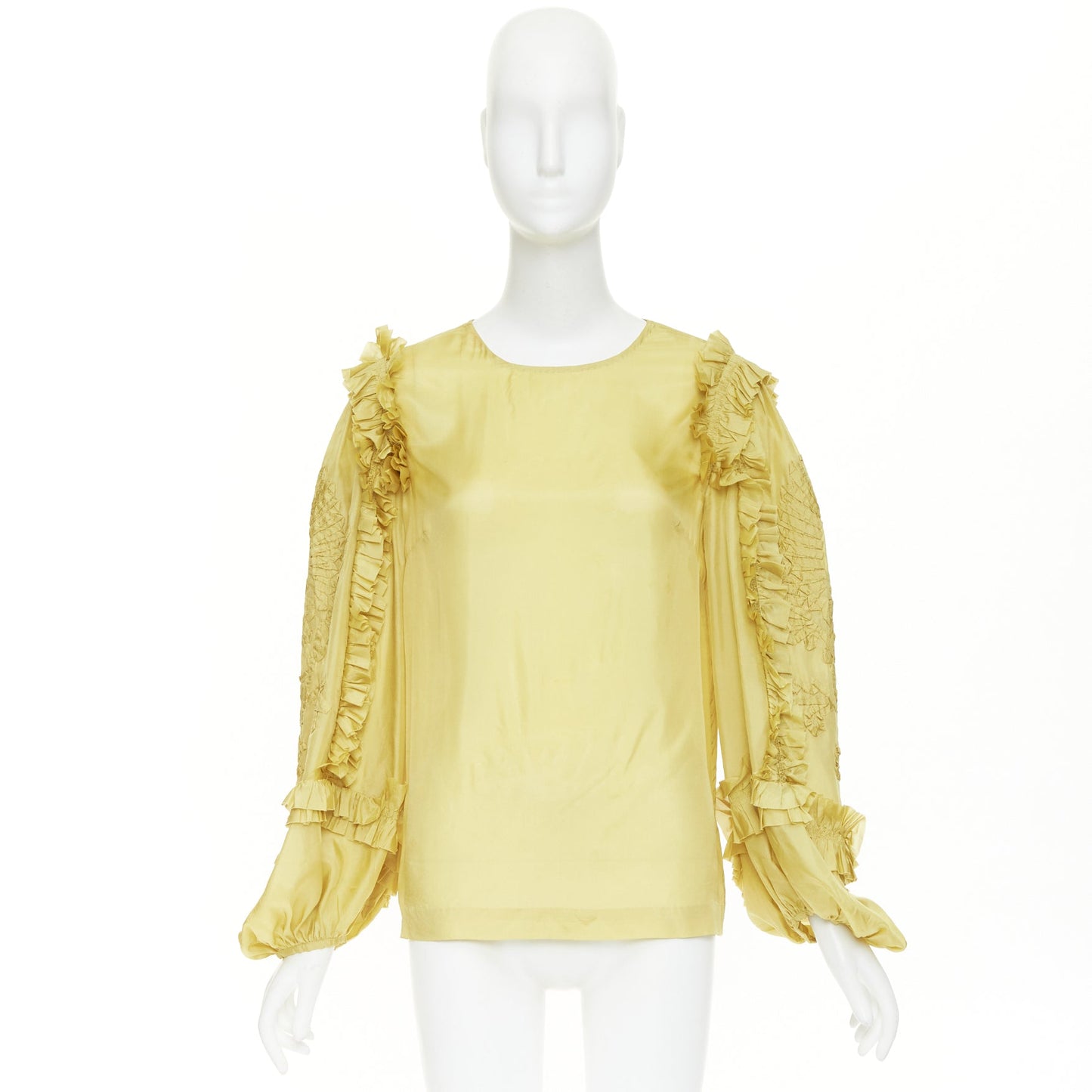 Women's Dries Van Noten silk ruffle applique puff sleeve blouse