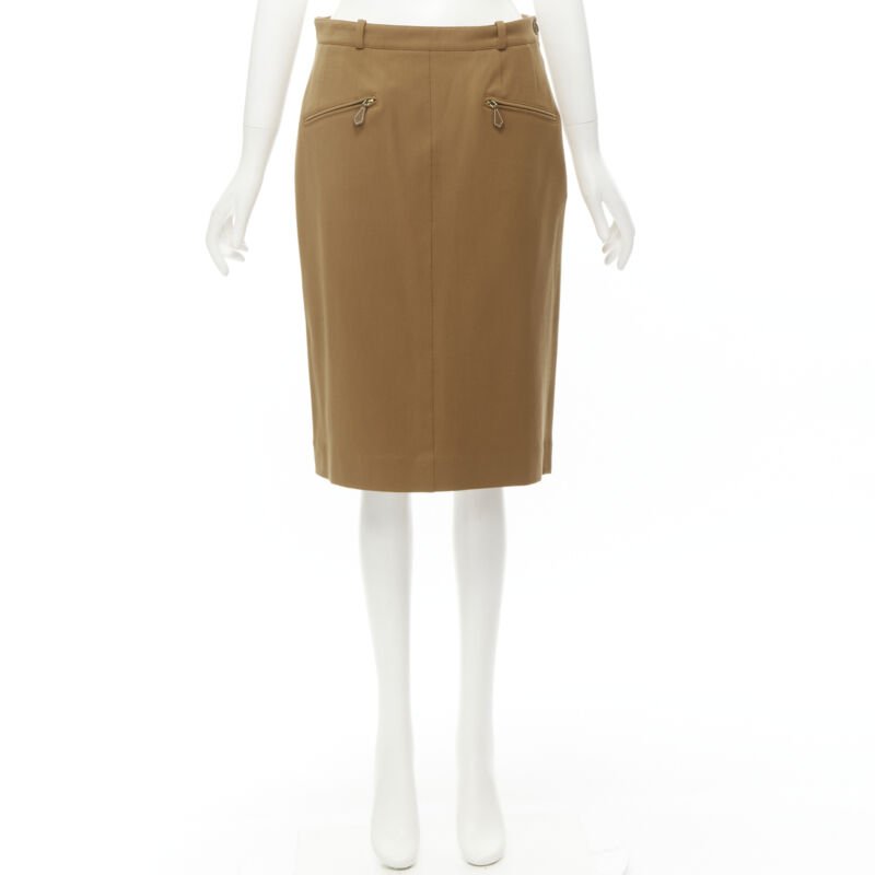 Women's Hermes brown wool blend leather Sellier pocket pencil skirt