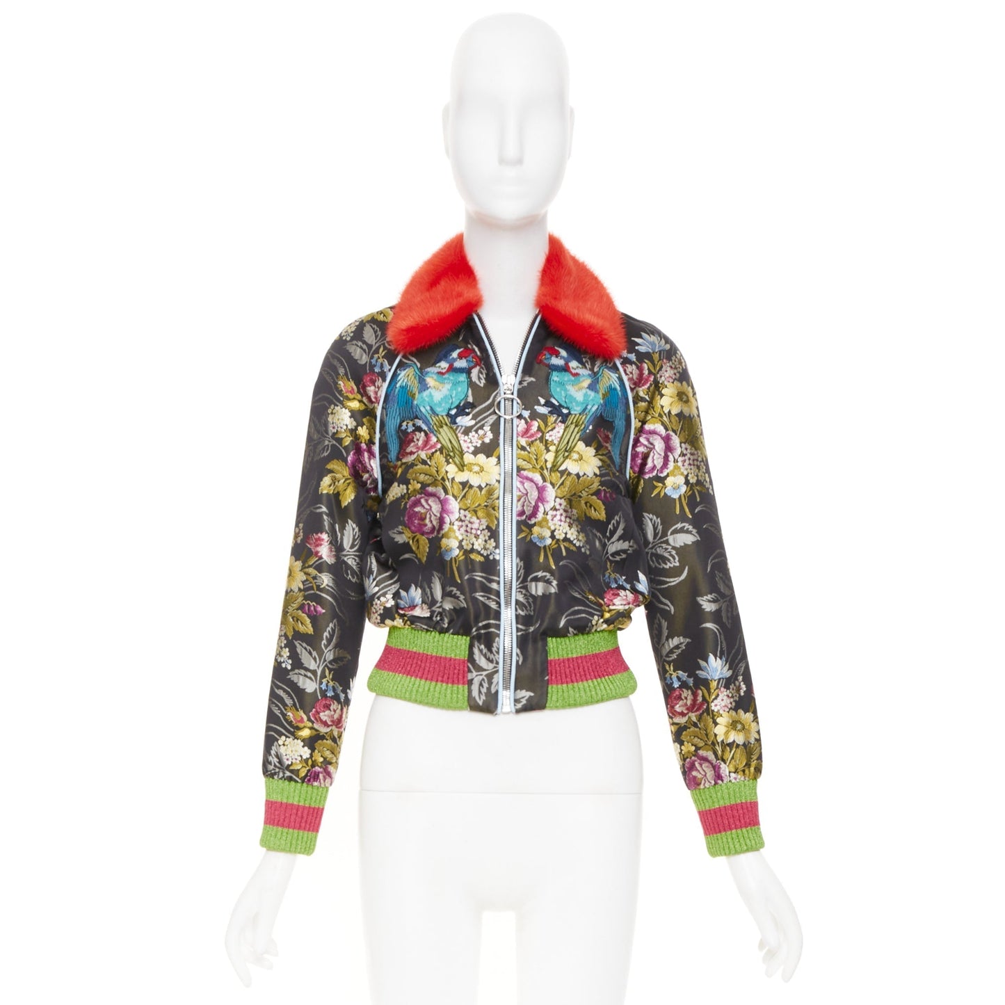 Women's Gucci floral jacquard mink fur collar bomber jacket