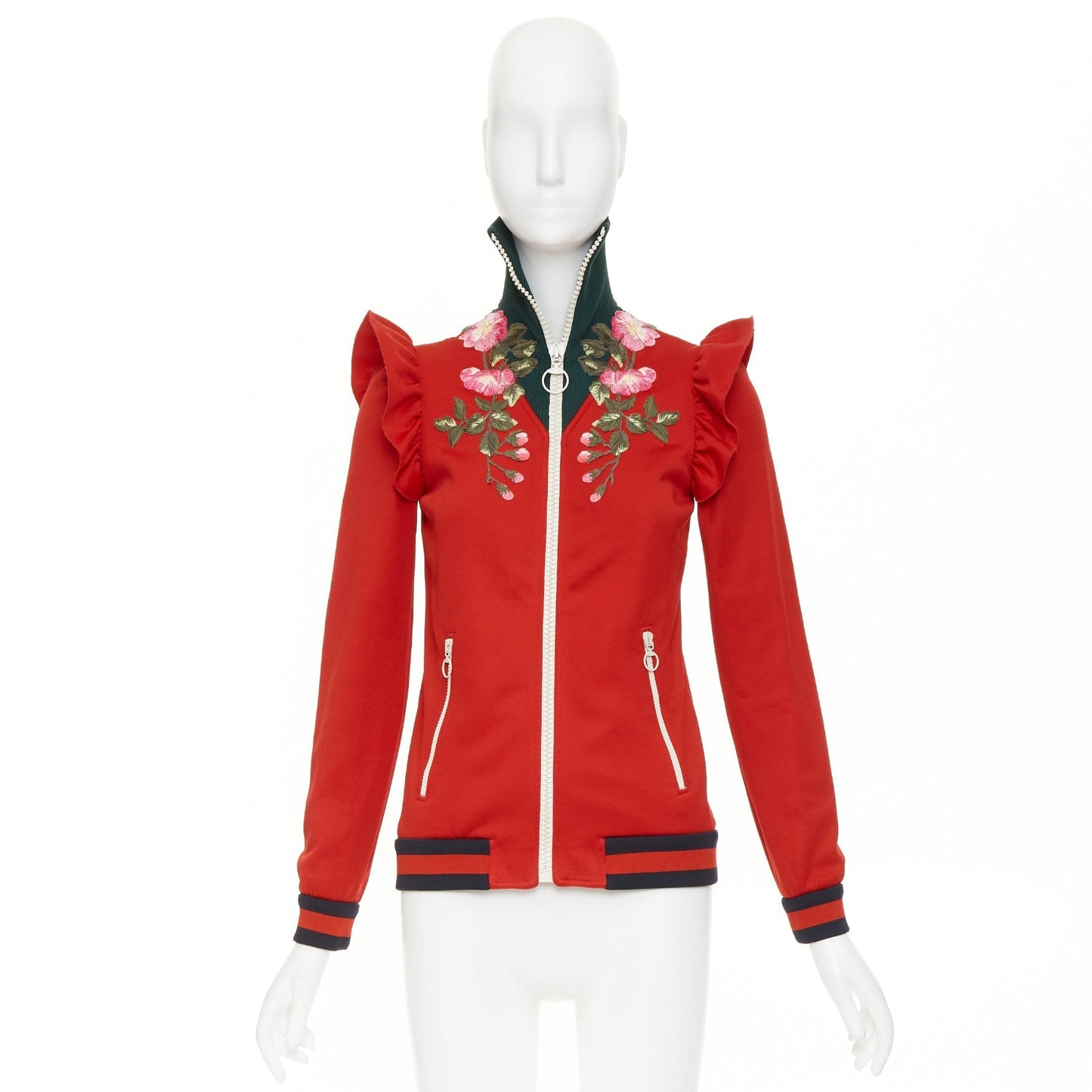 Women's Gucci red pink flower embroidery applique web trim track jacket