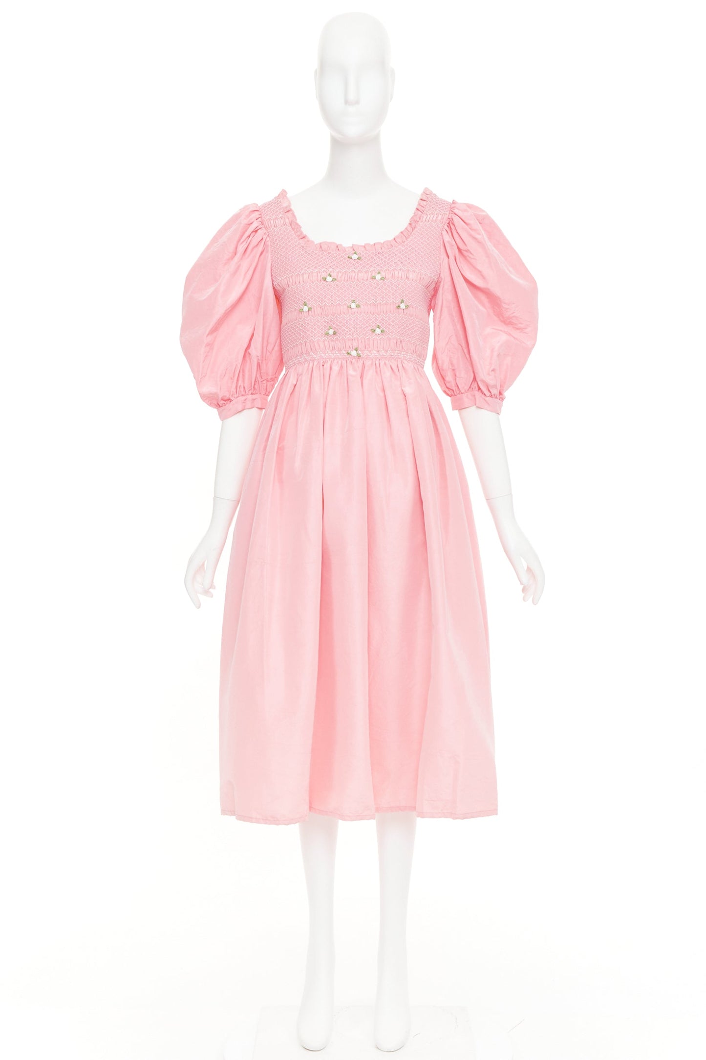 Women's Miu Miu pink silk white flower embroidered smocked dress