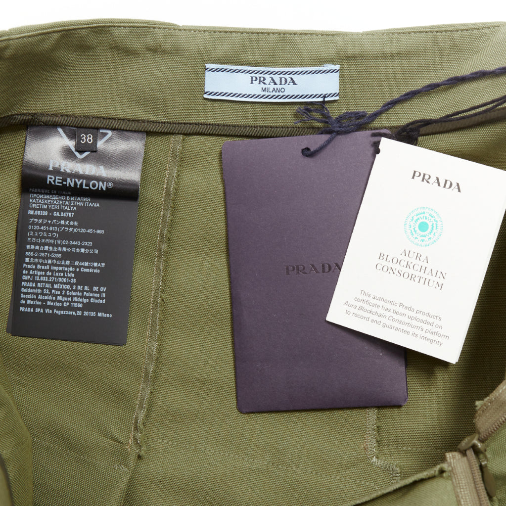 Women's Prada khaki green nylon canvas triangle logo pleated skirt