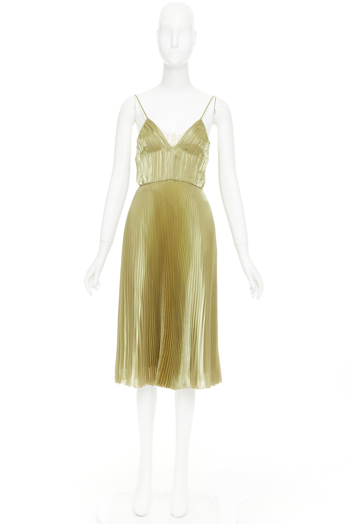 Women's Prada gold technical voile bra detailed pleated silk blend dress