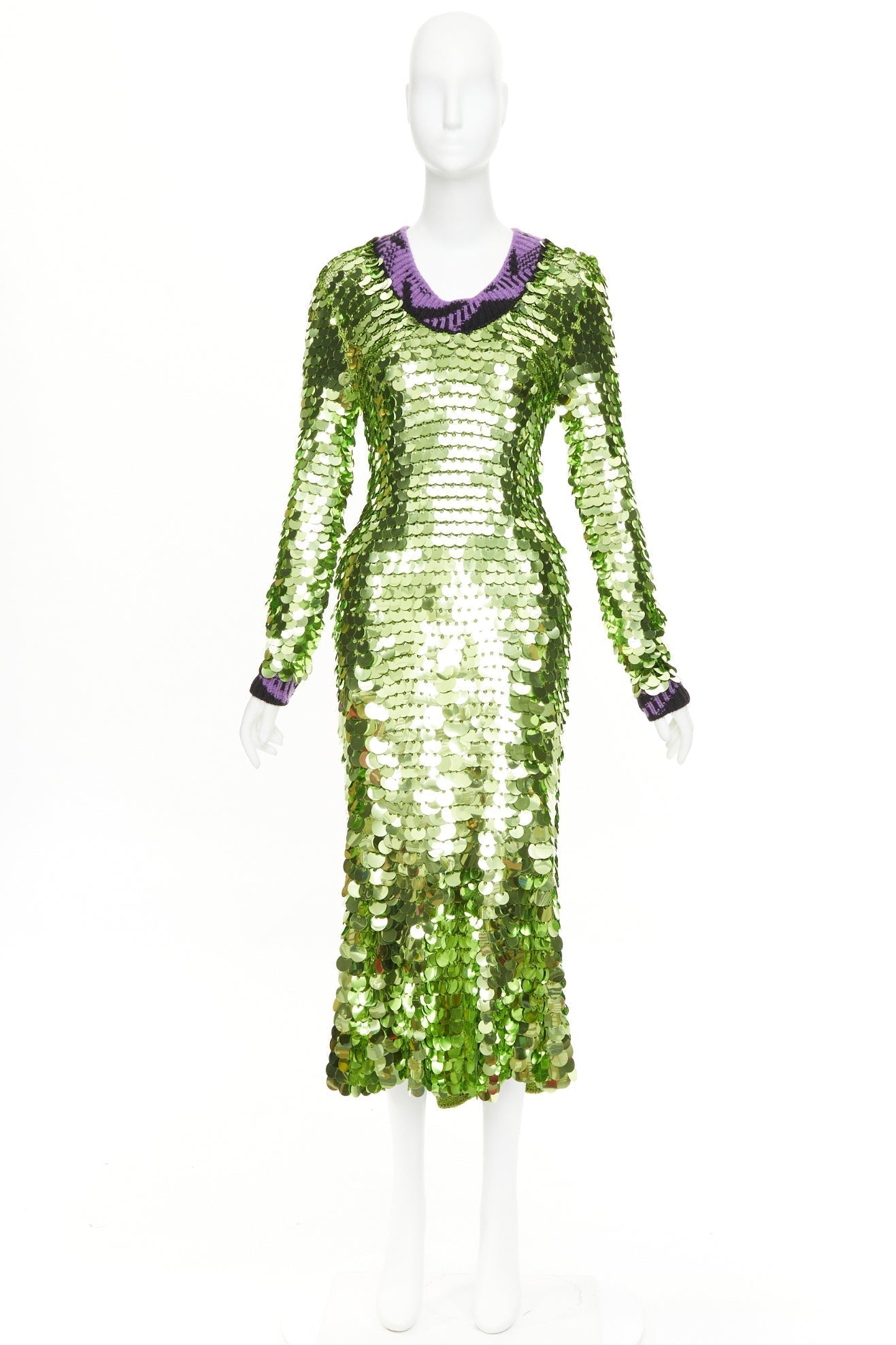Women's Prada green sequin paillettes purple jacquard trim dress