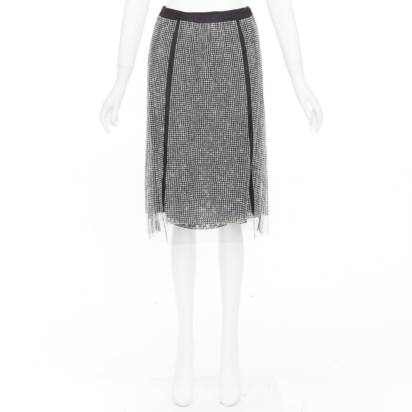 Women's Prada silver crystal black mesh triangle cut out lace knee skirt