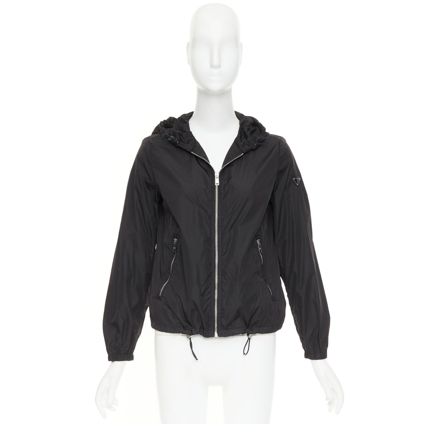 Women's Prada Re-Nylon black silver triangle logo hooded windbreaker