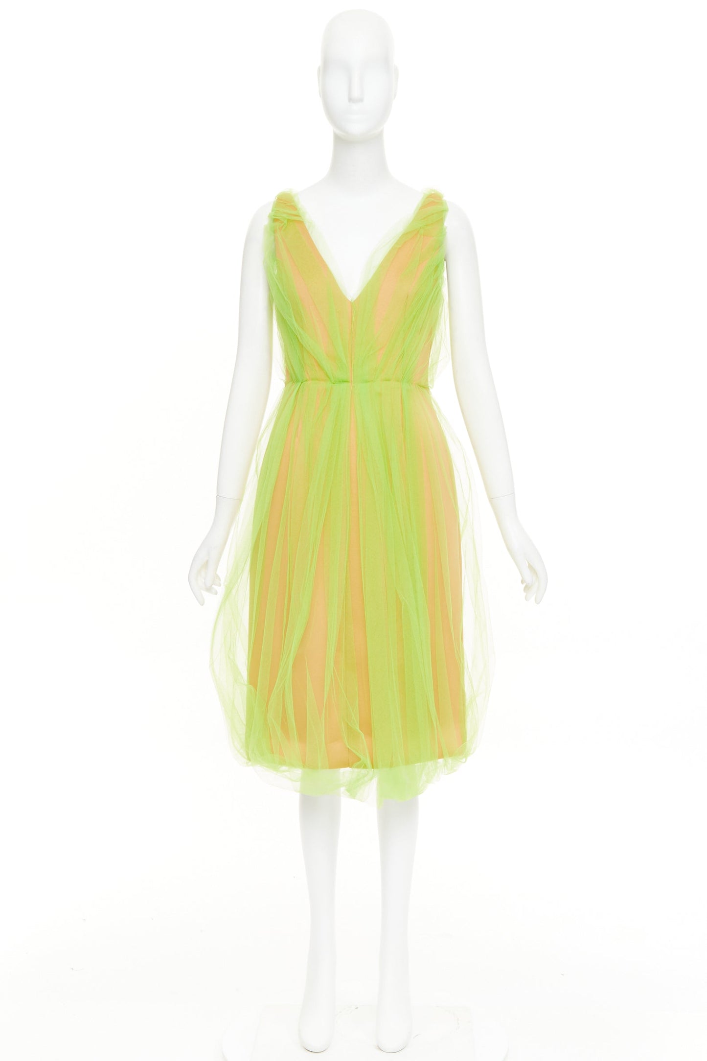 Women's Prada Neon Technical Tulle Overlay V-Neck dress