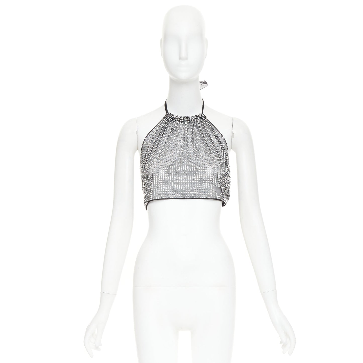 Women's Prada silver crystal rhinestone mesh halter neck crop top