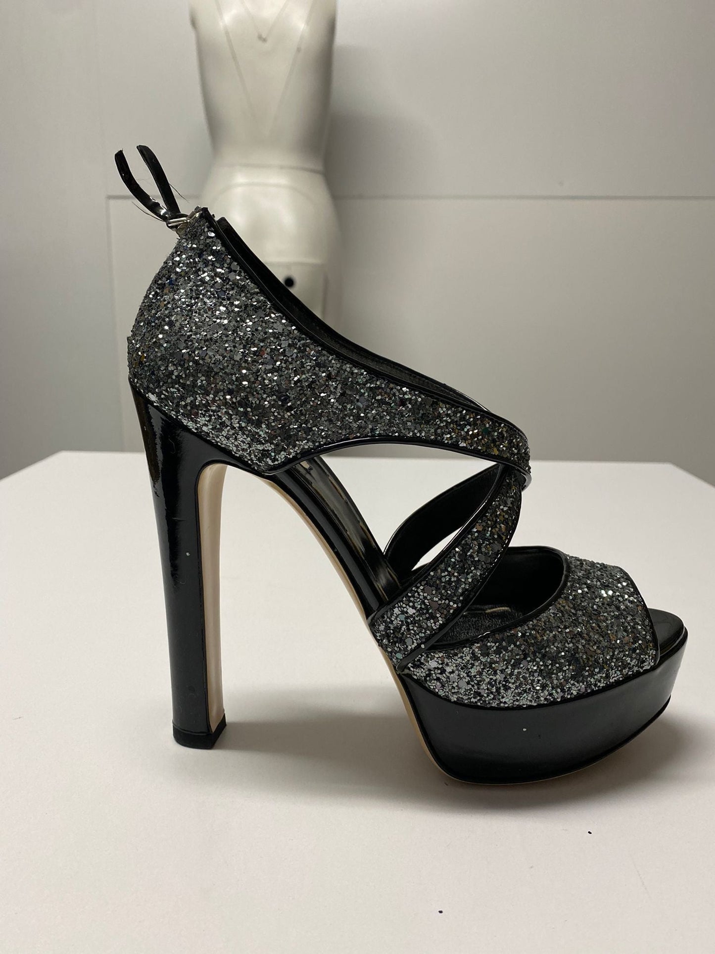 Women's Miu Miu Glitter Embellished Platform Sandals in Black Patent Leather