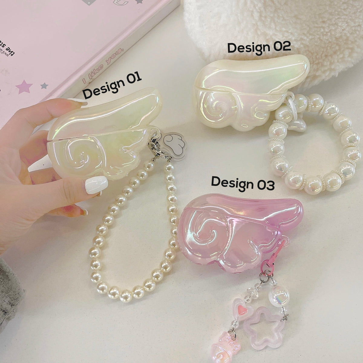 Angel Wing AirPods-fodral med pärl- och pärlberlock