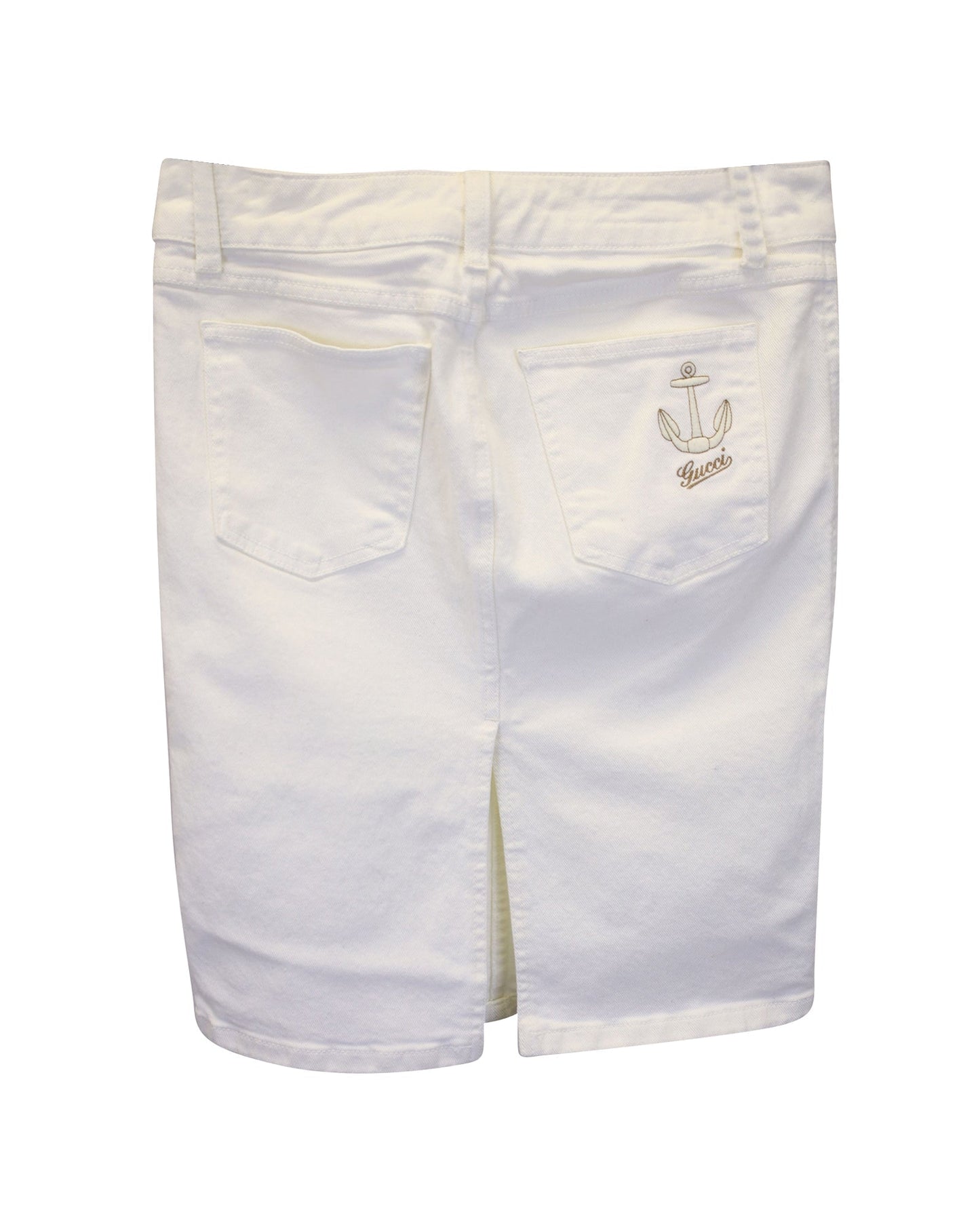 Women's Gucci Denim Skirt with Gold Tone Anchor Charm in White Cotton