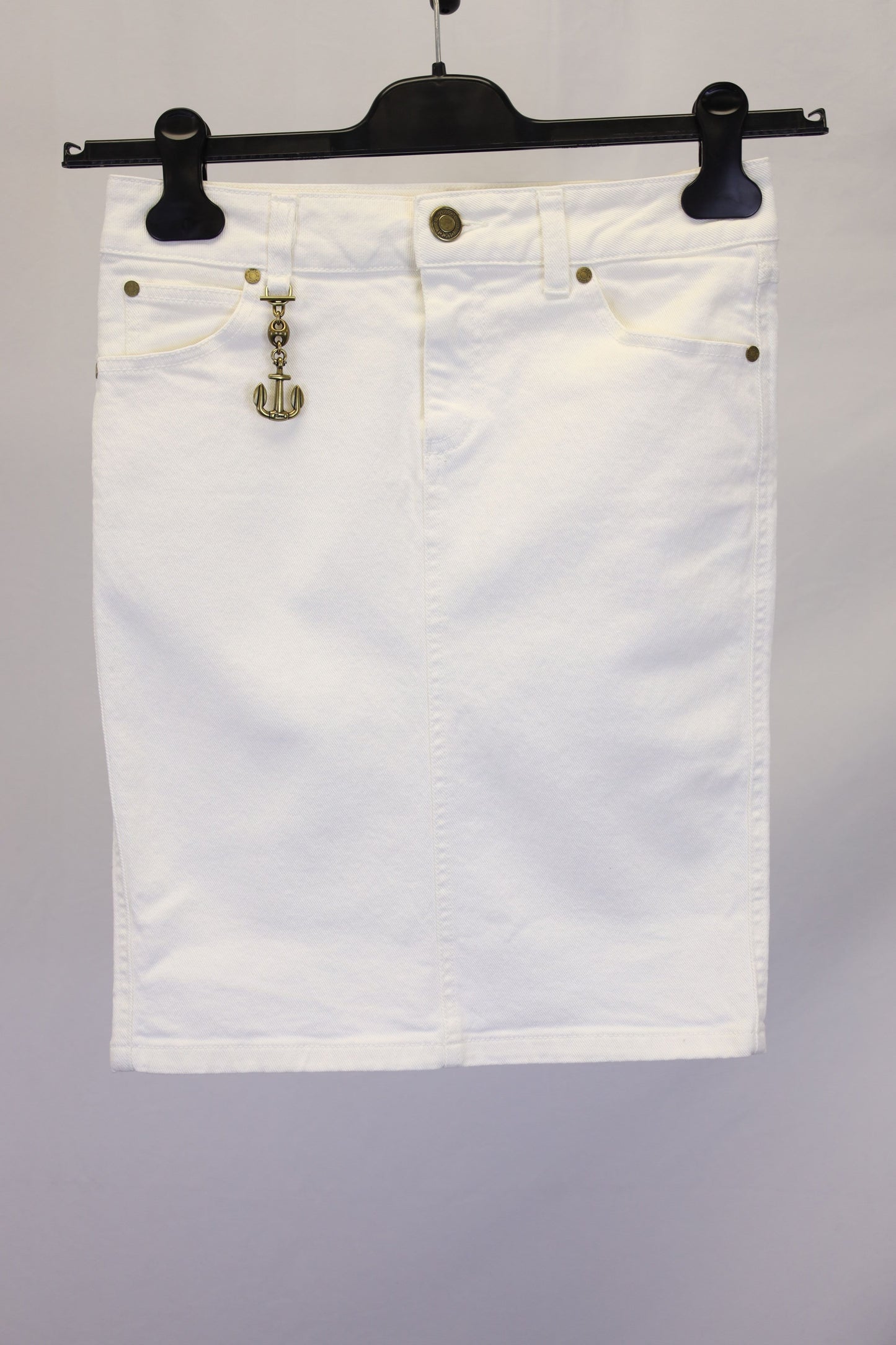 Women's Gucci Denim Skirt with Gold Tone Anchor Charm in White Cotton