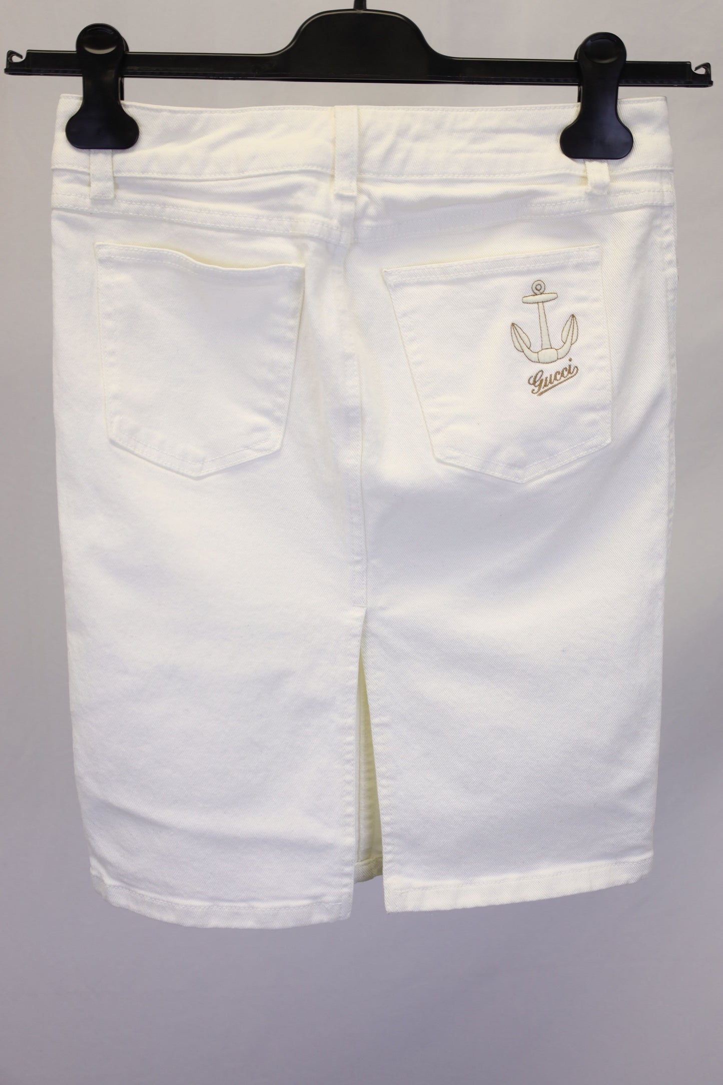 Women's Gucci Denim Skirt with Gold Tone Anchor Charm in White Cotton