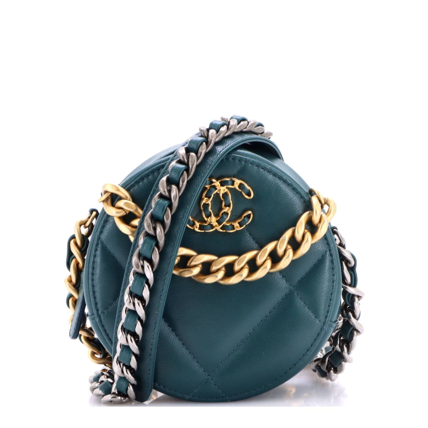 19 Round Clutch with Chain Quilted Leather