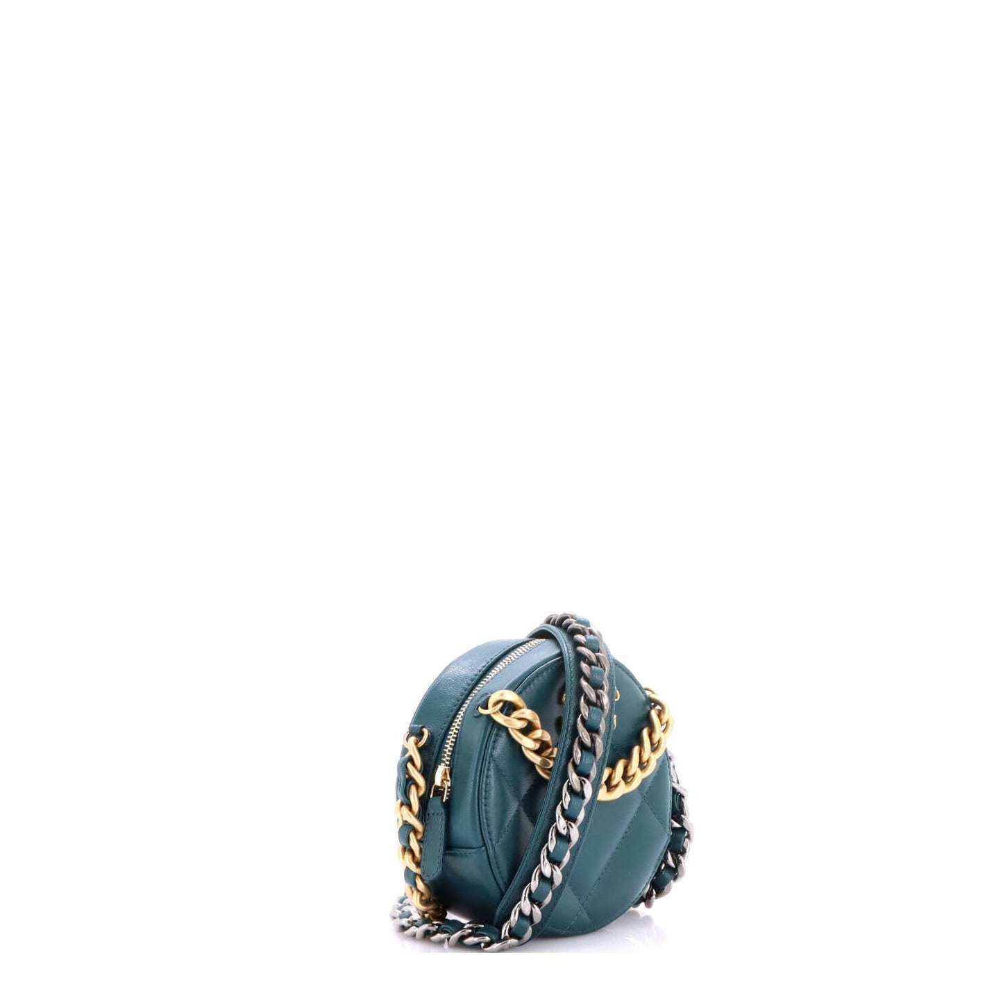 19 Round Clutch with Chain Quilted Leather
