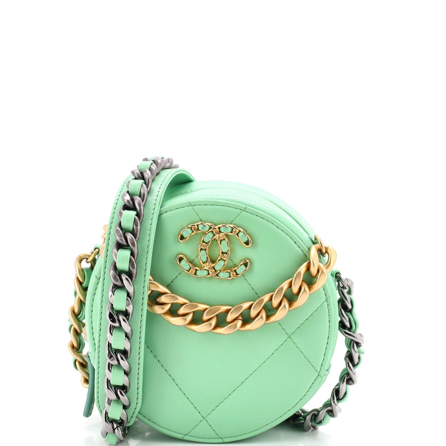 19 Round Clutch with Chain Quilted Leather