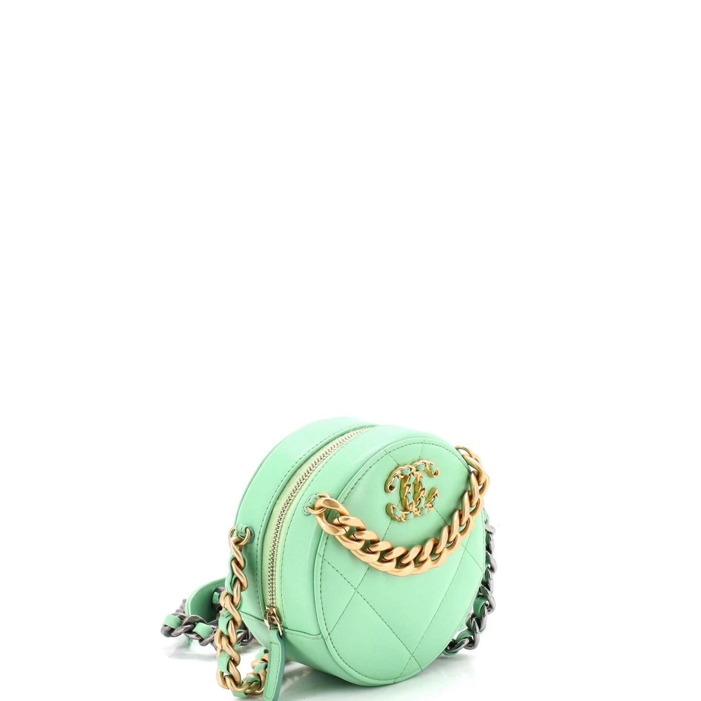 19 Round Clutch with Chain Quilted Leather