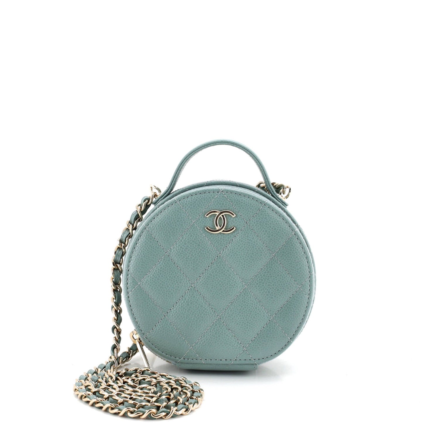Handle with Care Round Vanity Case with Chain Quilted Caviar Small