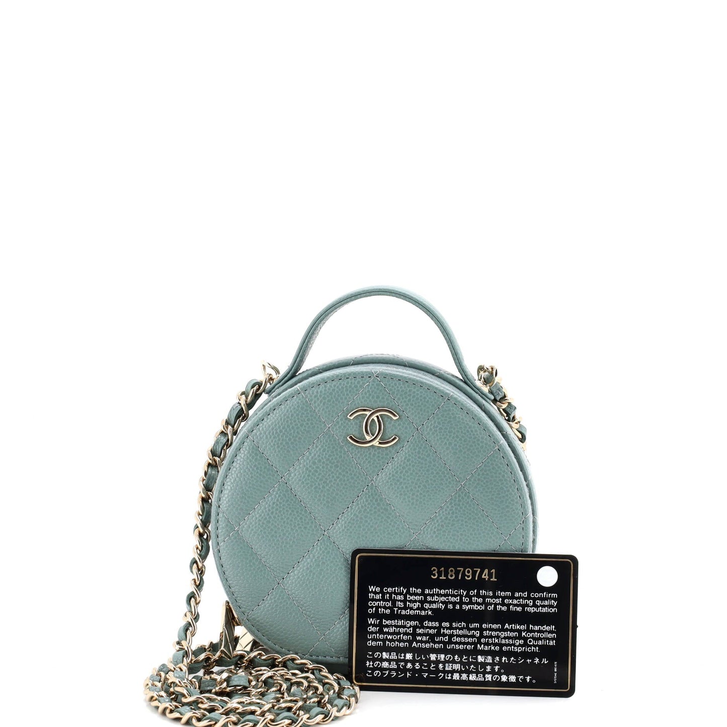Handle with Care Round Vanity Case with Chain Quilted Caviar Small