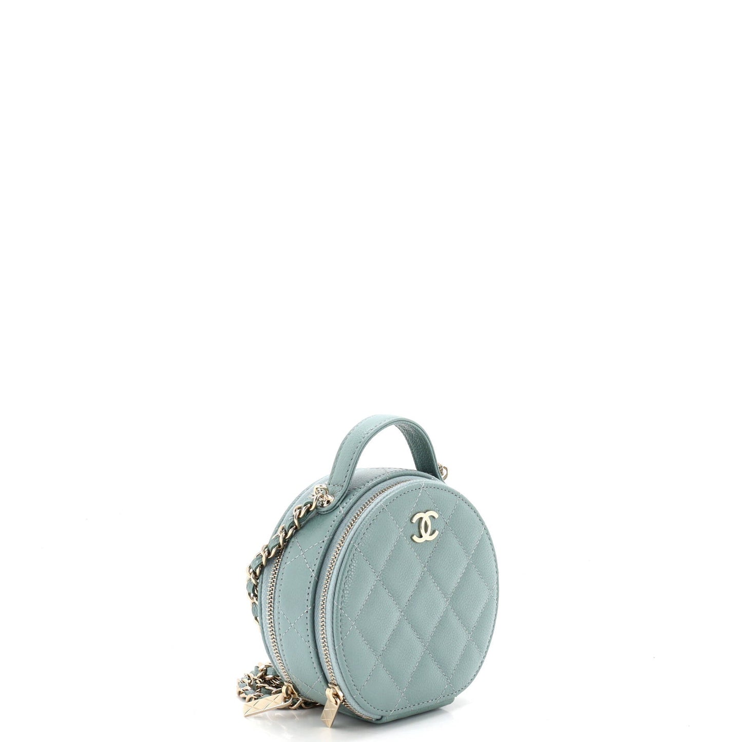Handle with Care Round Vanity Case with Chain Quilted Caviar Small