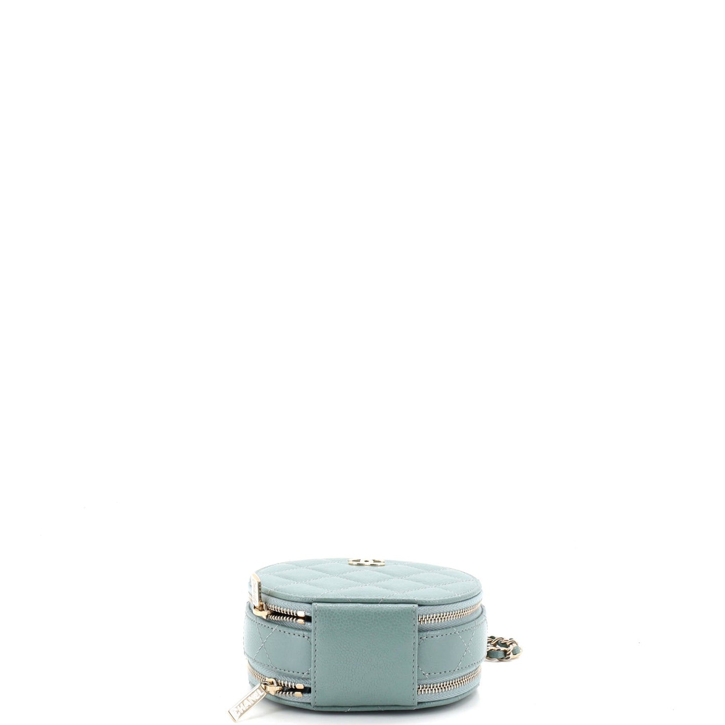 Handle with Care Round Vanity Case with Chain Quilted Caviar Small