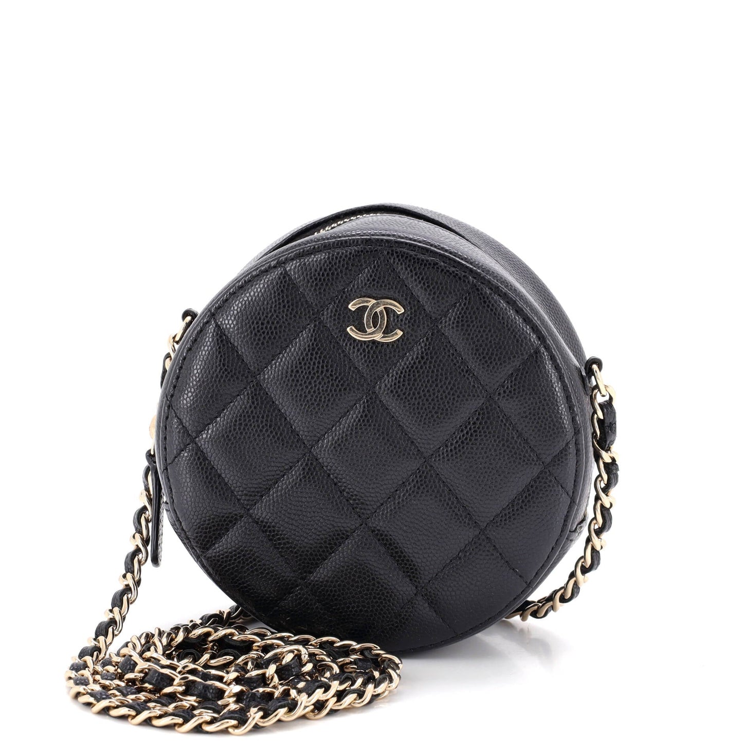 Round Clutch with Chain Quilted Caviar Mini