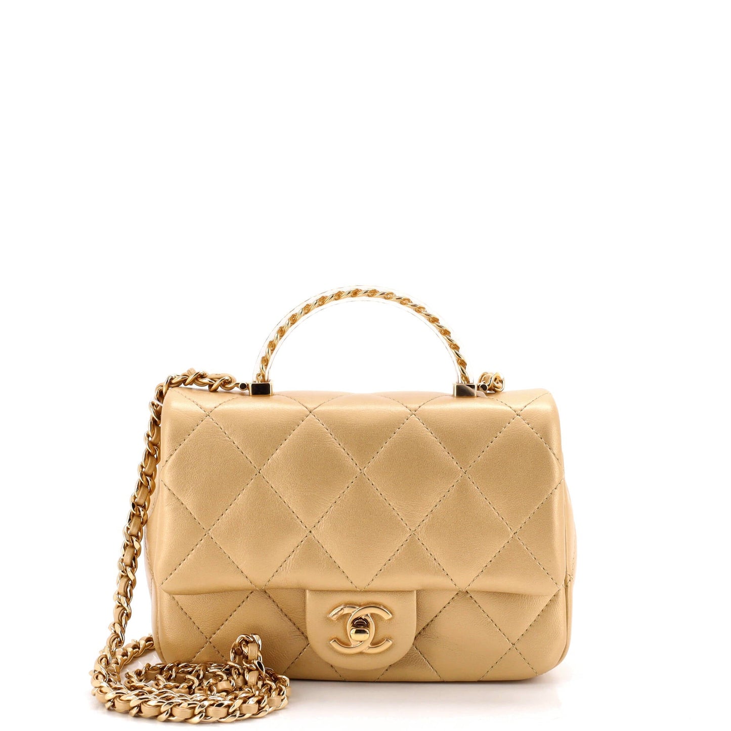 Resin Chain Top Handle Flap Bag Quilted Lambskin Mini