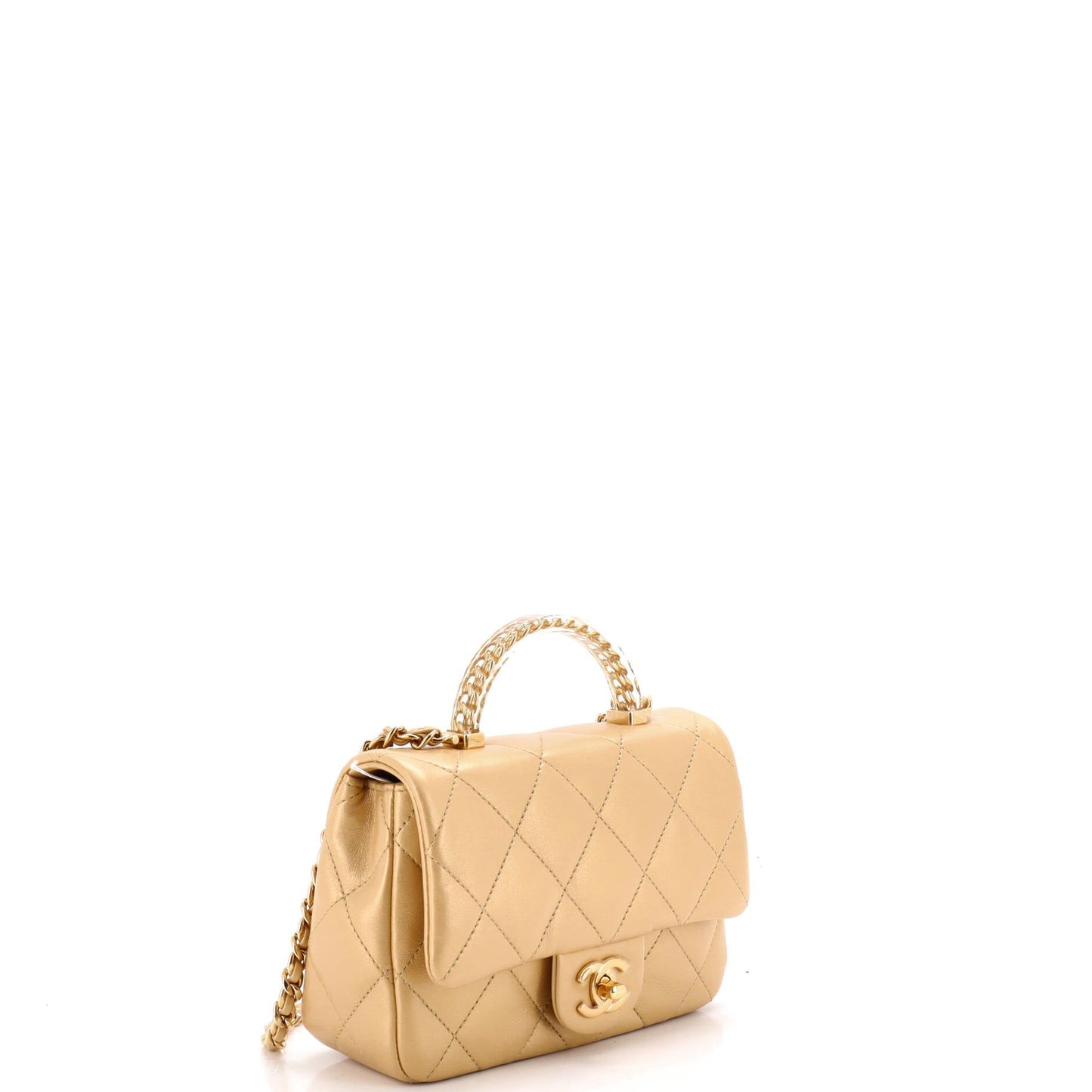 Resin Chain Top Handle Flap Bag Quilted Lambskin Mini