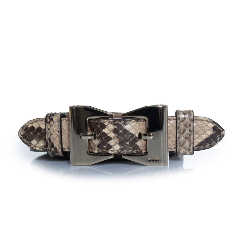 Gucci, python leather belt with gold metal bow