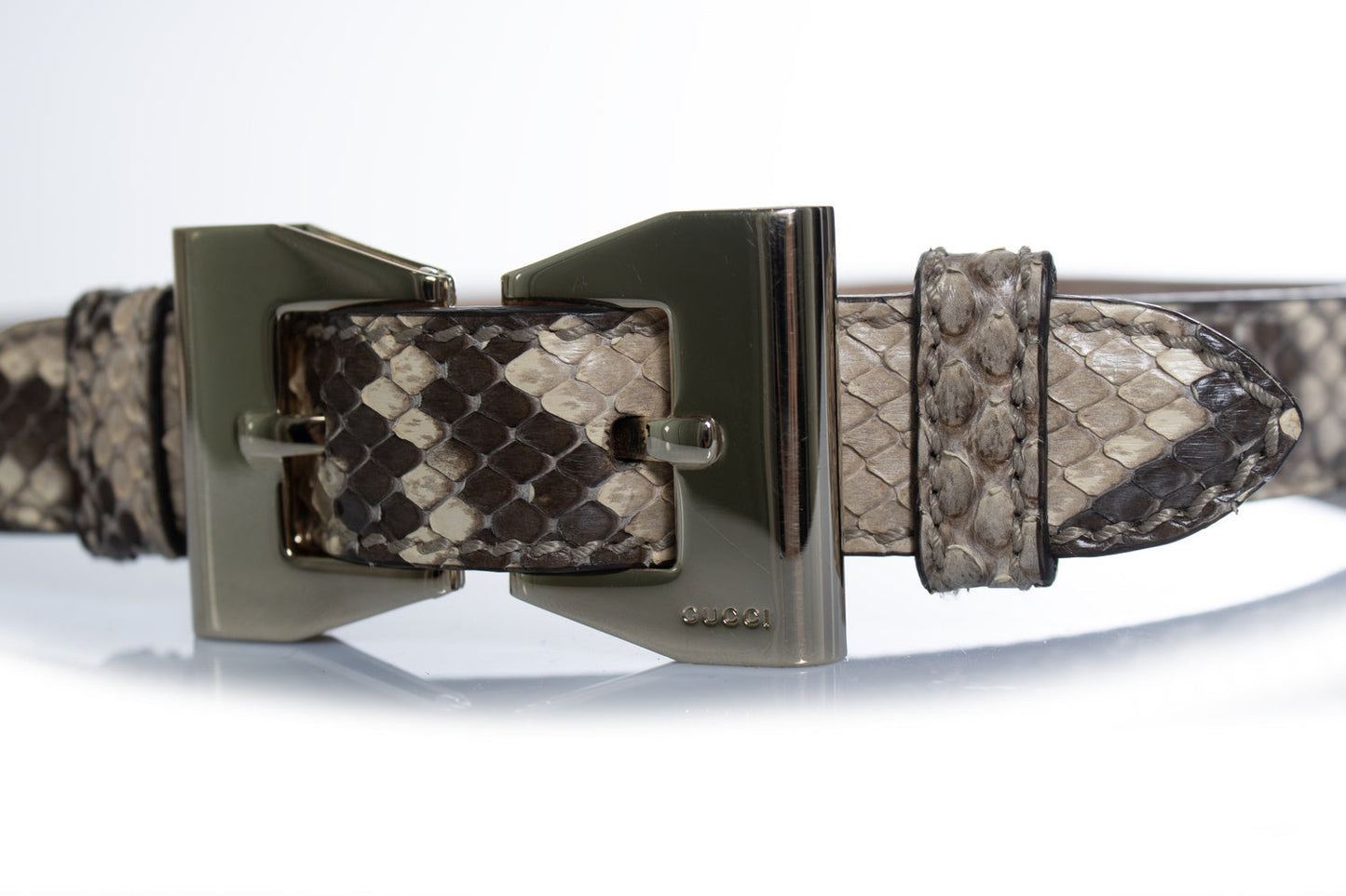 Gucci, python leather belt with gold metal bow