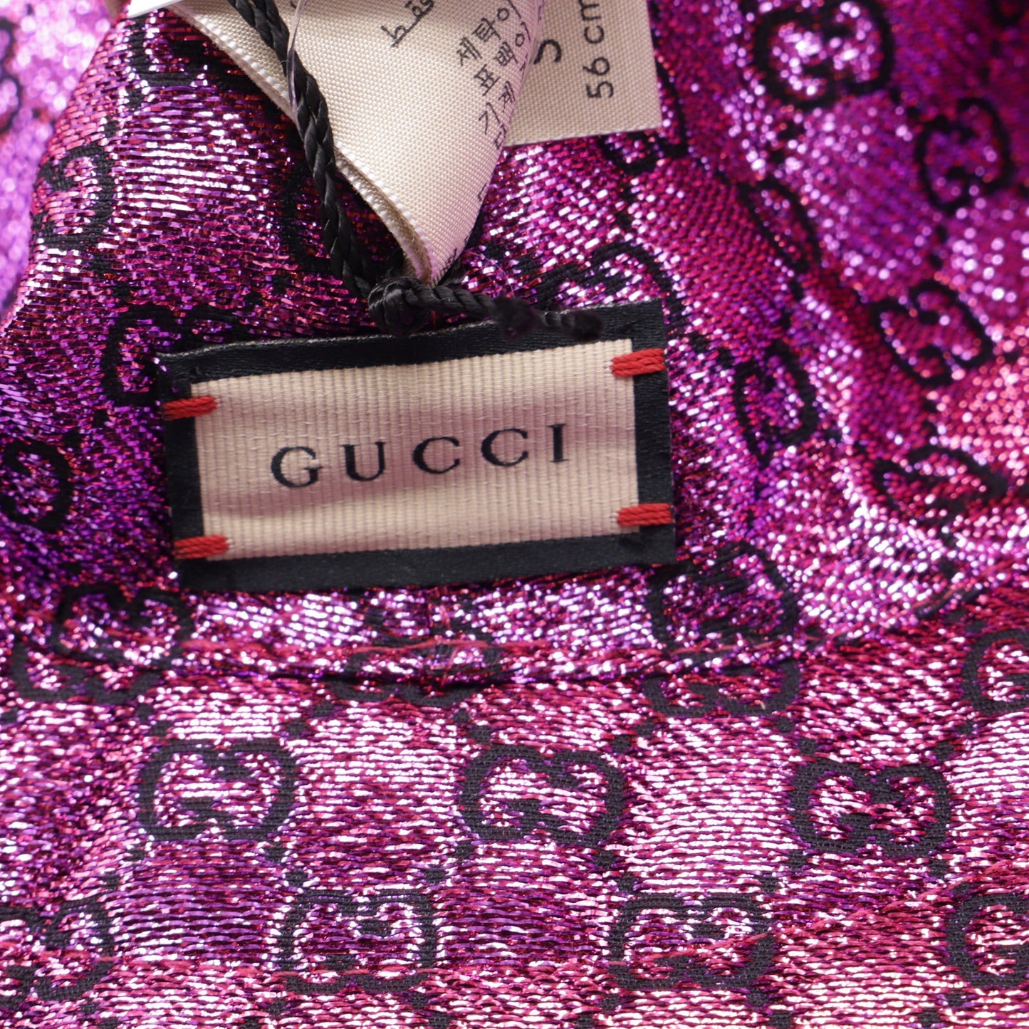 Gucci Lamé GG Monogram Reversible Bucket in Pink Polyamide