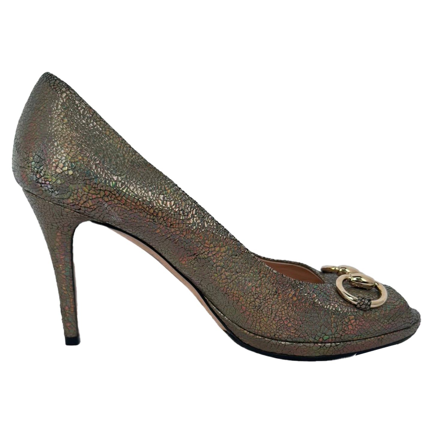 Women's Gucci Holographic Crackle New Hollywood Horsebit Peep Toe Pumps in Gold Leather