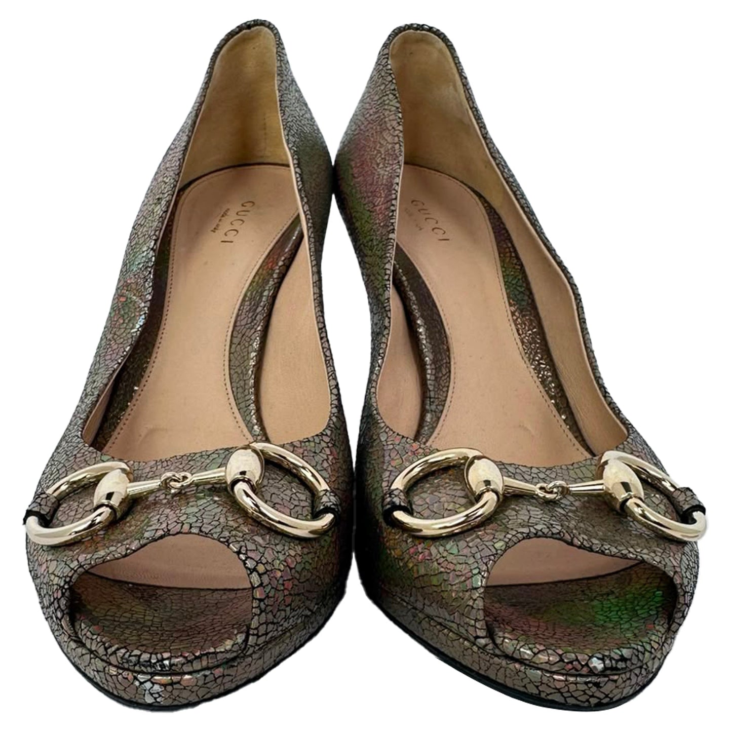 Women's Gucci Holographic Crackle New Hollywood Horsebit Peep Toe Pumps in Gold Leather