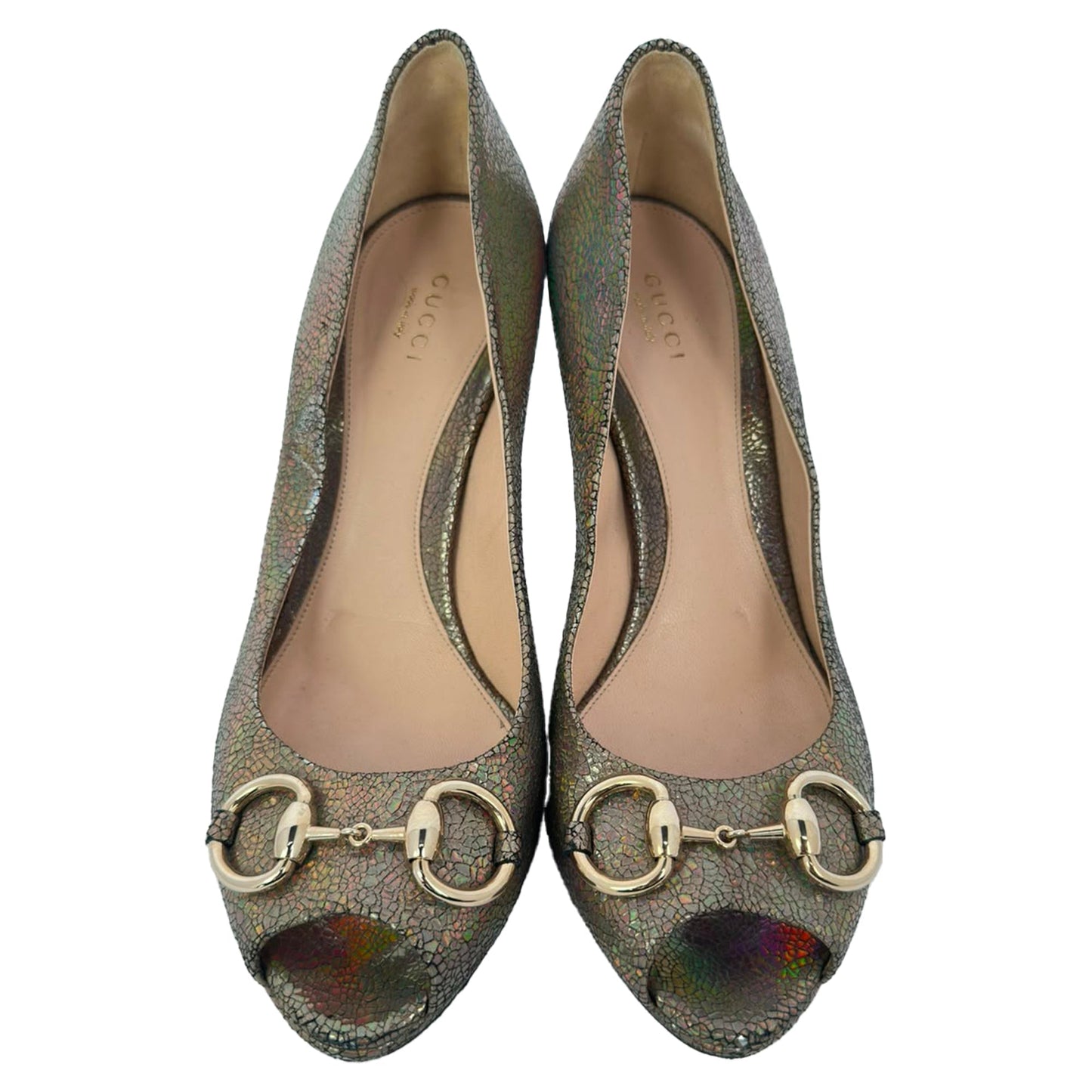 Women's Gucci Holographic Crackle New Hollywood Horsebit Peep Toe Pumps in Gold Leather