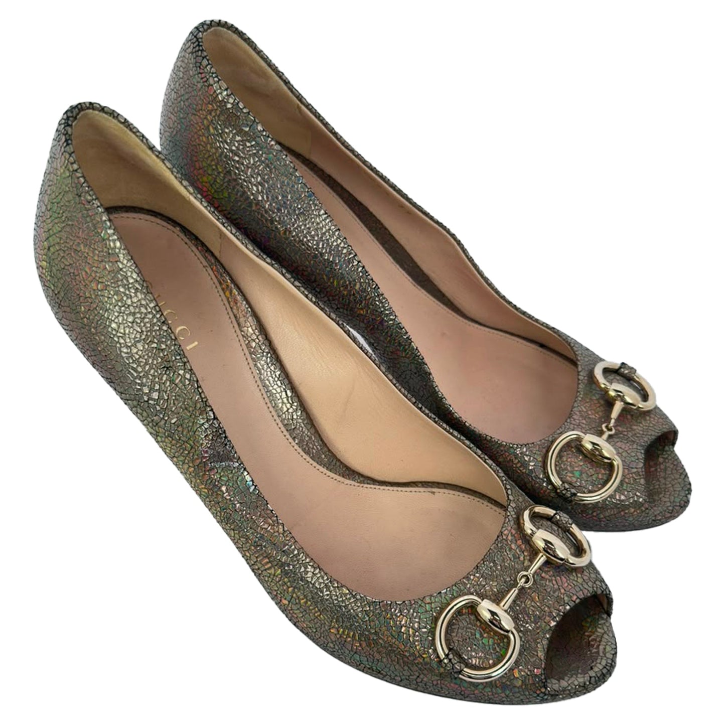 Women's Gucci Holographic Crackle New Hollywood Horsebit Peep Toe Pumps in Gold Leather