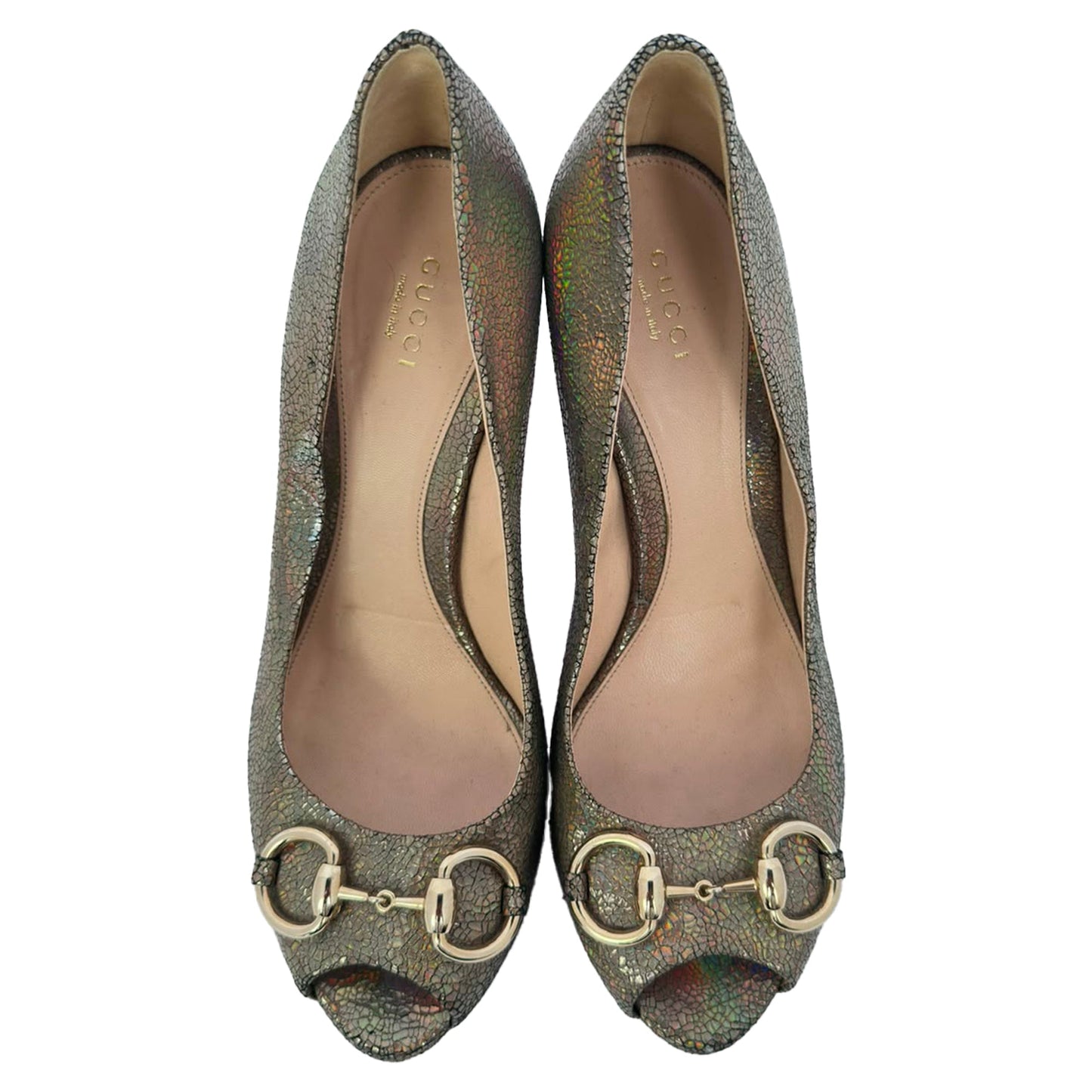 Women's Gucci Holographic Crackle New Hollywood Horsebit Peep Toe Pumps in Gold Leather