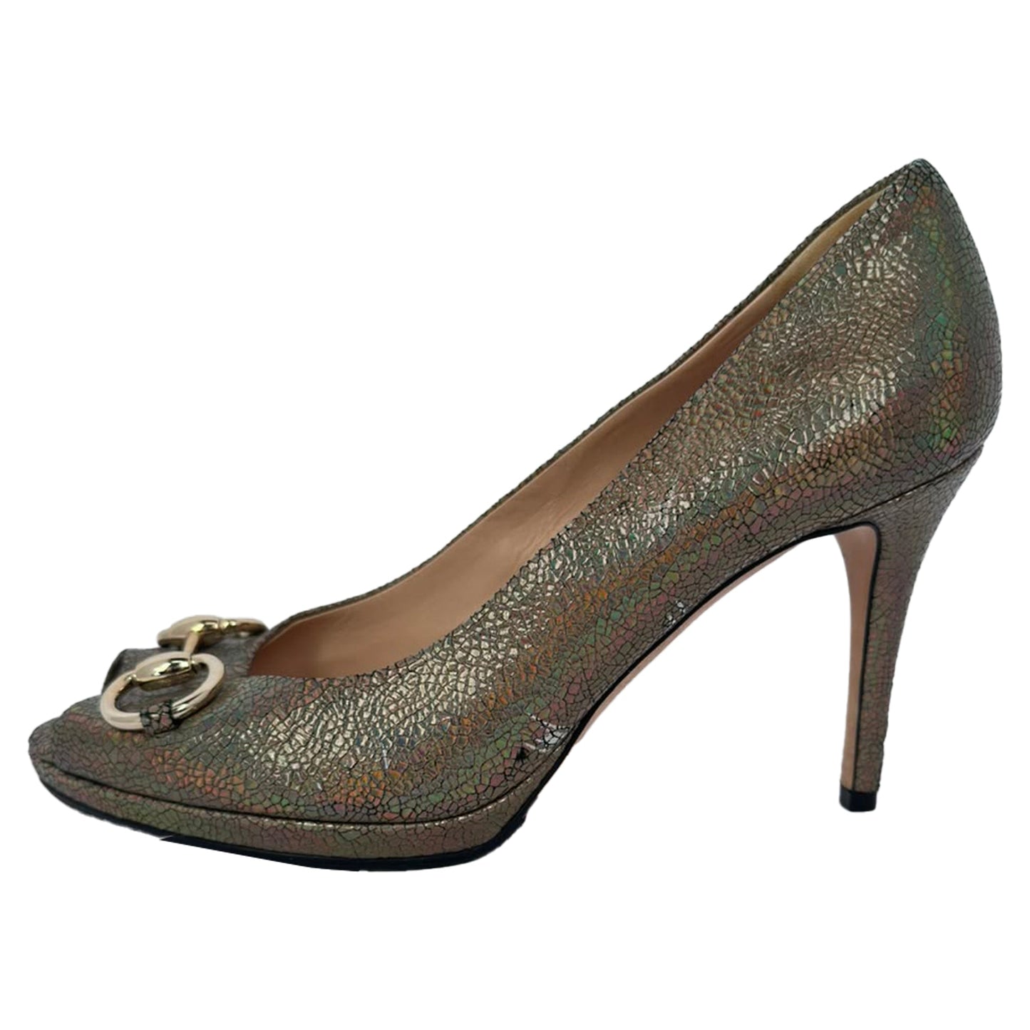 Women's Gucci Holographic Crackle New Hollywood Horsebit Peep Toe Pumps in Gold Leather