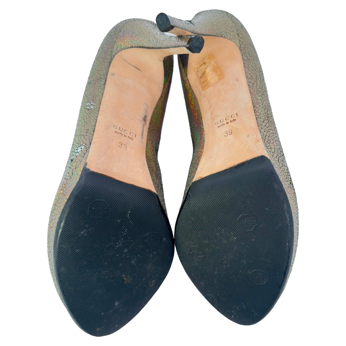 Women's Gucci Holographic Crackle New Hollywood Horsebit Peep Toe Pumps in Gold Leather