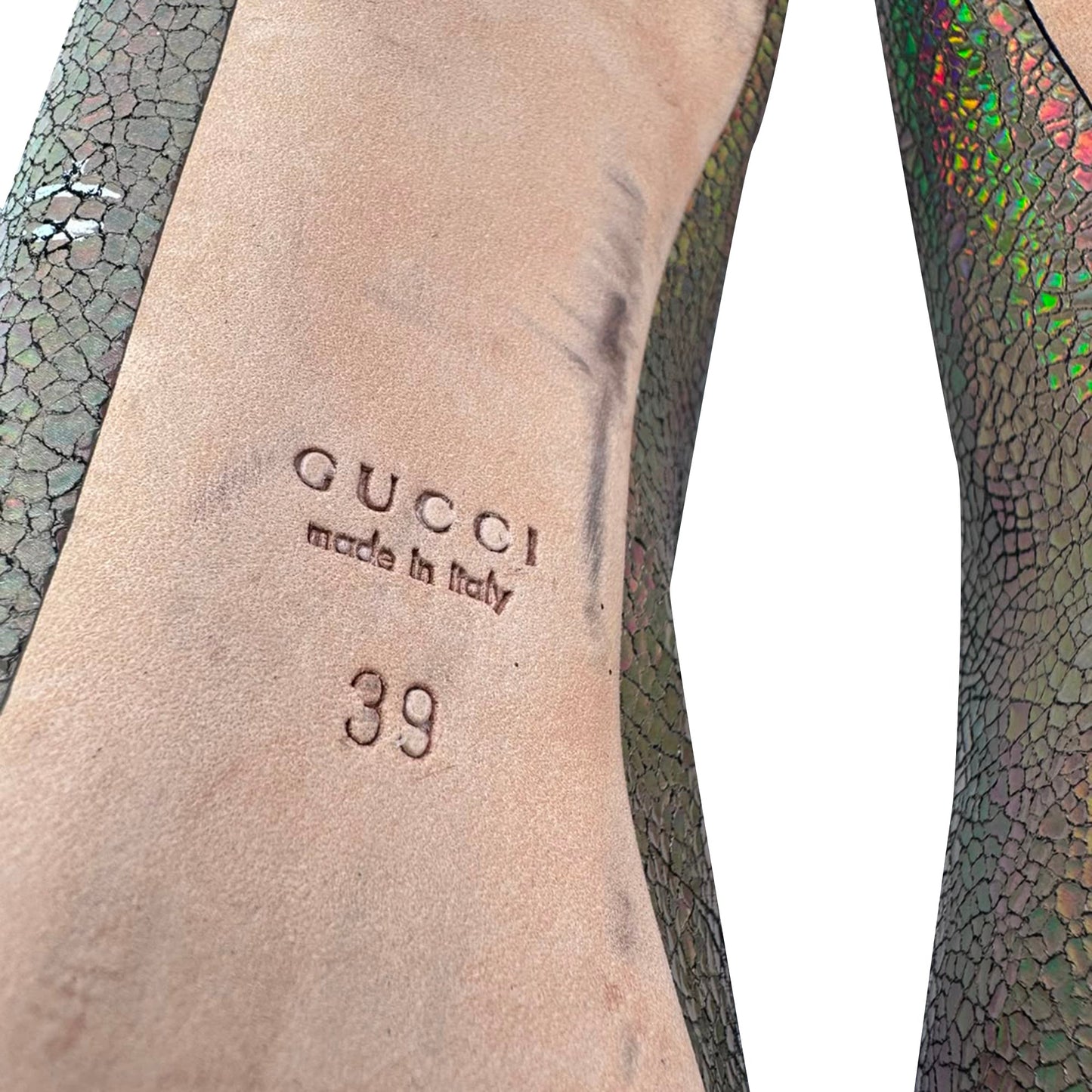 Women's Gucci Holographic Crackle New Hollywood Horsebit Peep Toe Pumps in Gold Leather