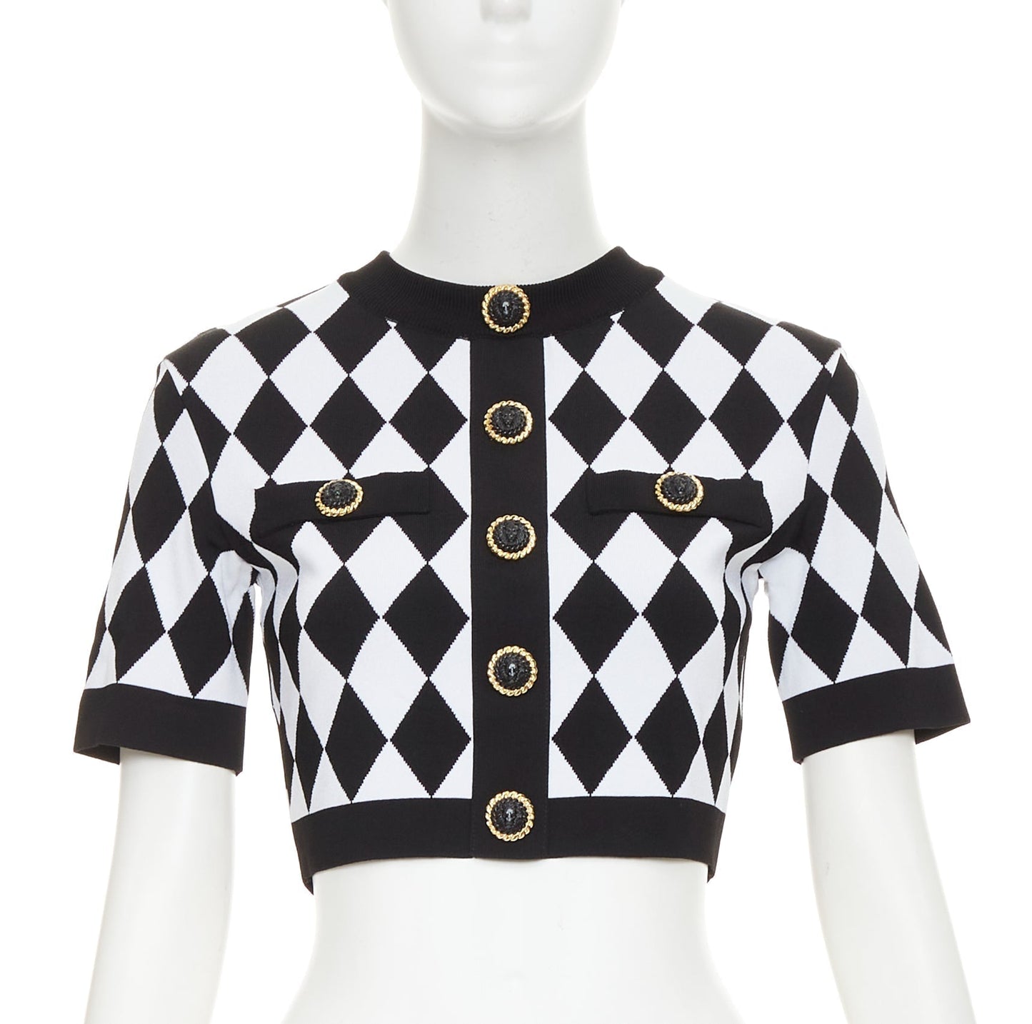 Women's Balmain diamond check gold lion buttons sweater