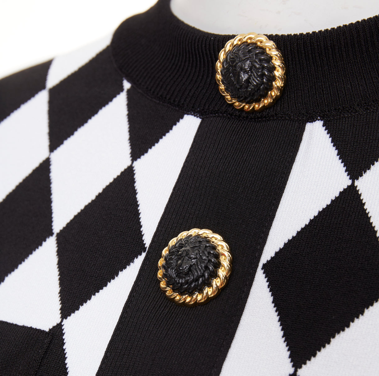 Women's Balmain diamond check gold lion buttons sweater