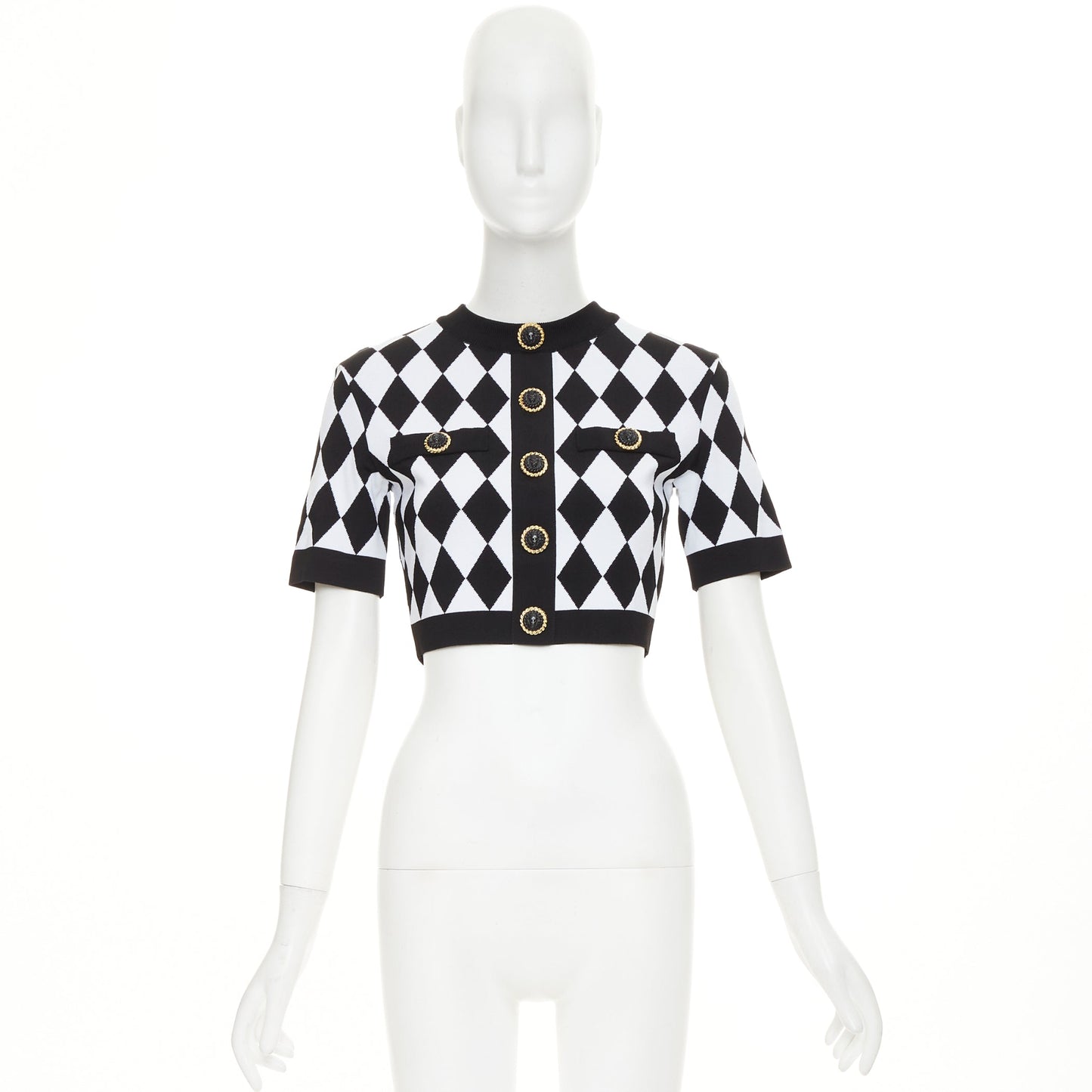 Women's Balmain diamond check gold lion buttons sweater